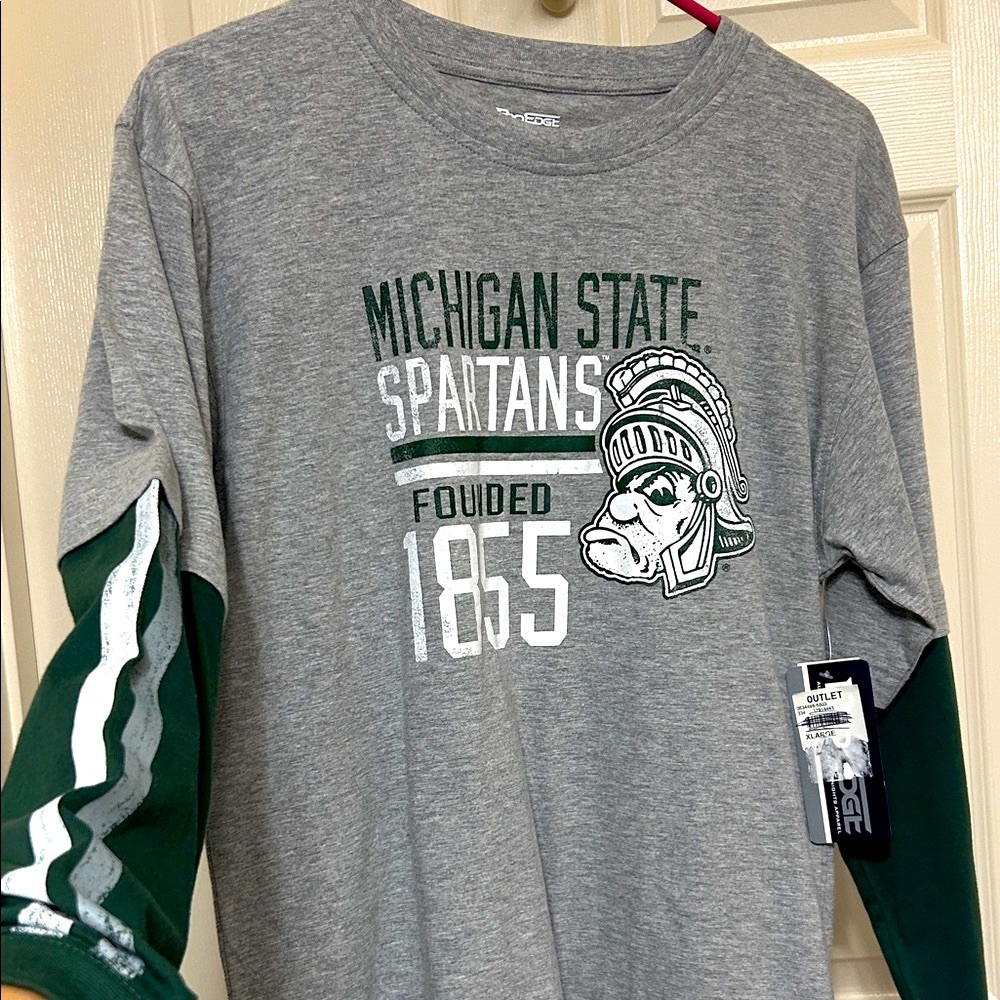 Pro Edge Michigan State Spartans Tee Heather Gray Cotton Blend Long Sleeves